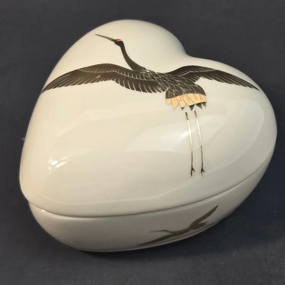 Takahashi San Francisco Heart Trinket Box Gold Crane Porcelain Japan Vintage